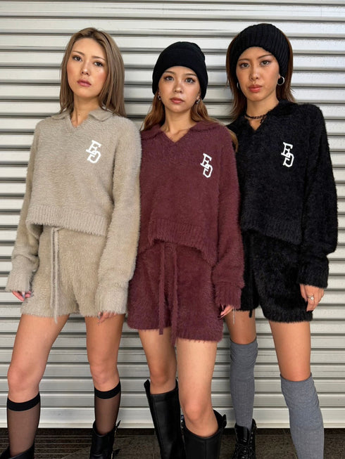 ロゴ刺繍シャギーニットショートパンツ
